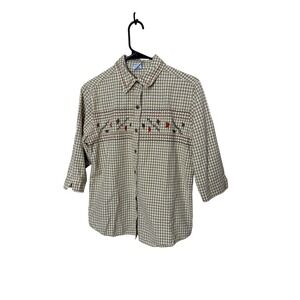 Cascade Blues Womens M Gingham Embroidered Button Up Shirt 3/4 Sleeve Top